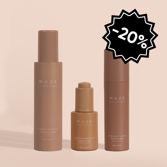 night collection - muze skincare. cleanse inventor, wrinkle wrestler, overnight patron