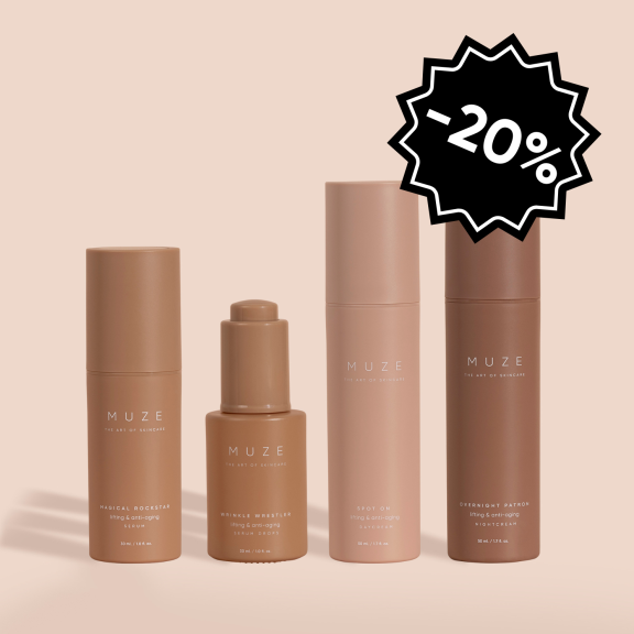 sensitive collection - muze skincare. magical rockstar, wrinkle wrestler, spot on, overnight patron